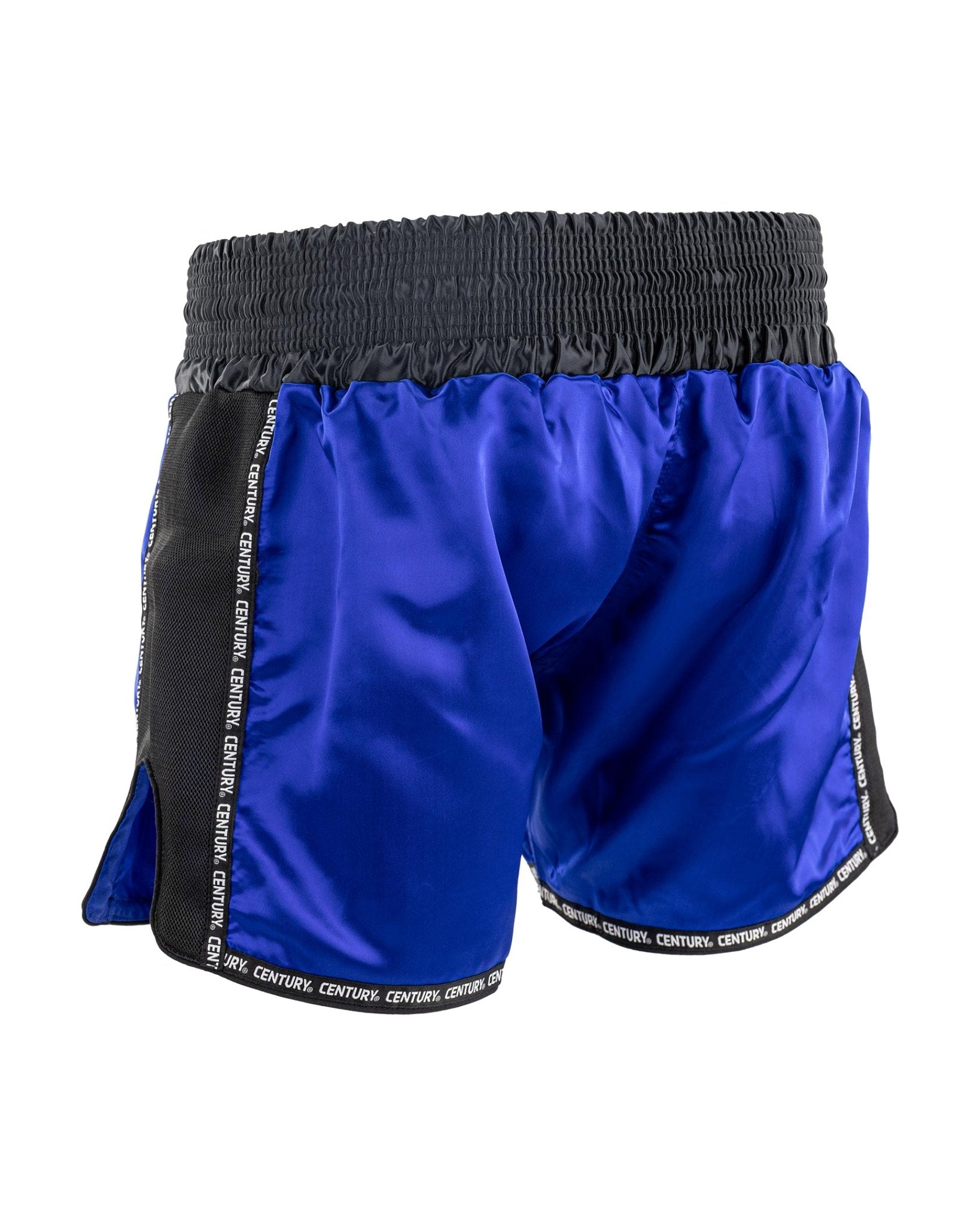 Low kick shorts, royal blue satin outer with black side panels, Century branding