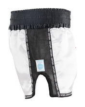 Low kick shorts, white outer with black mesh panel, Century branding and patch