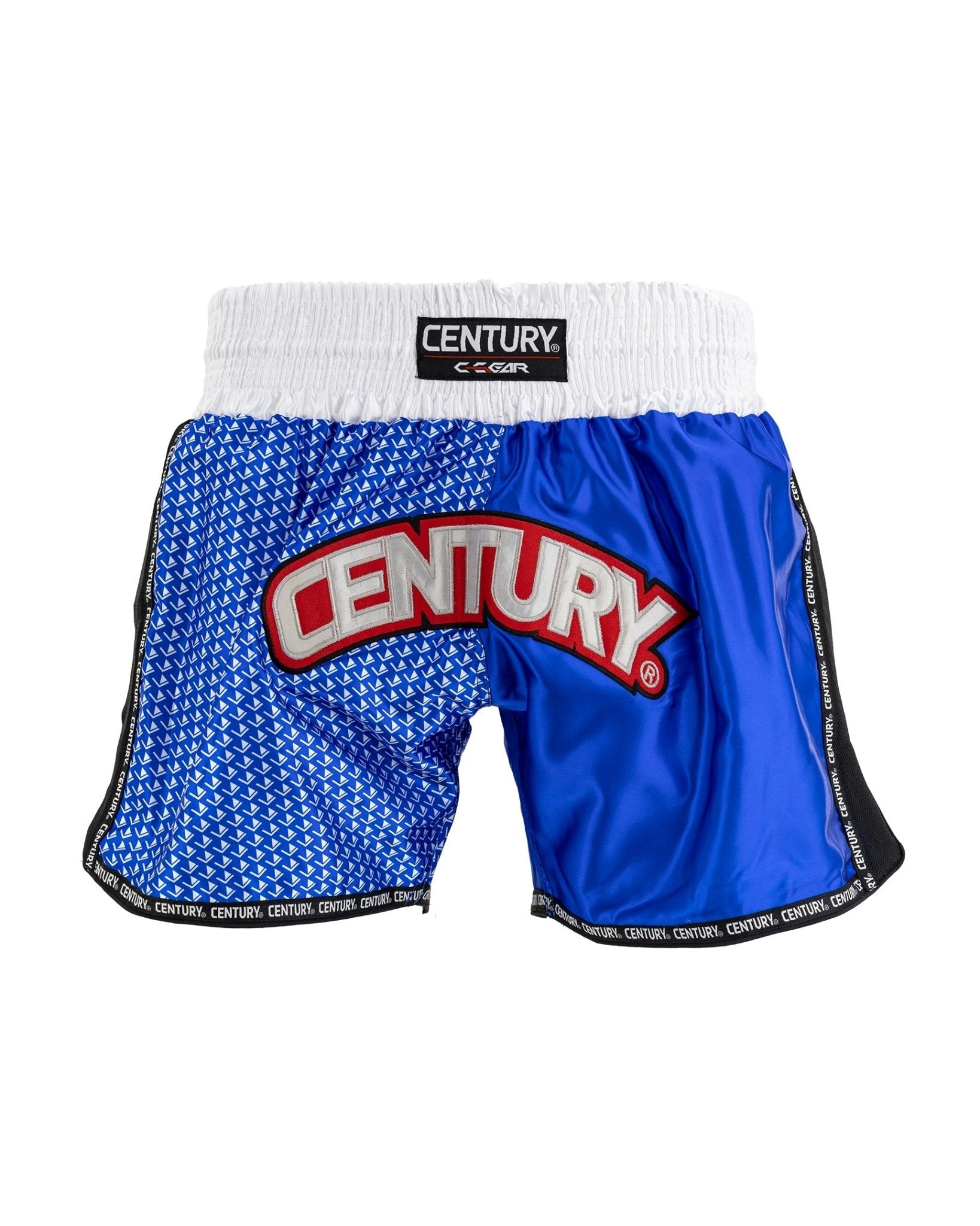 Blue kickboxing shorts with Century logo patch on elastic waistband and black trim