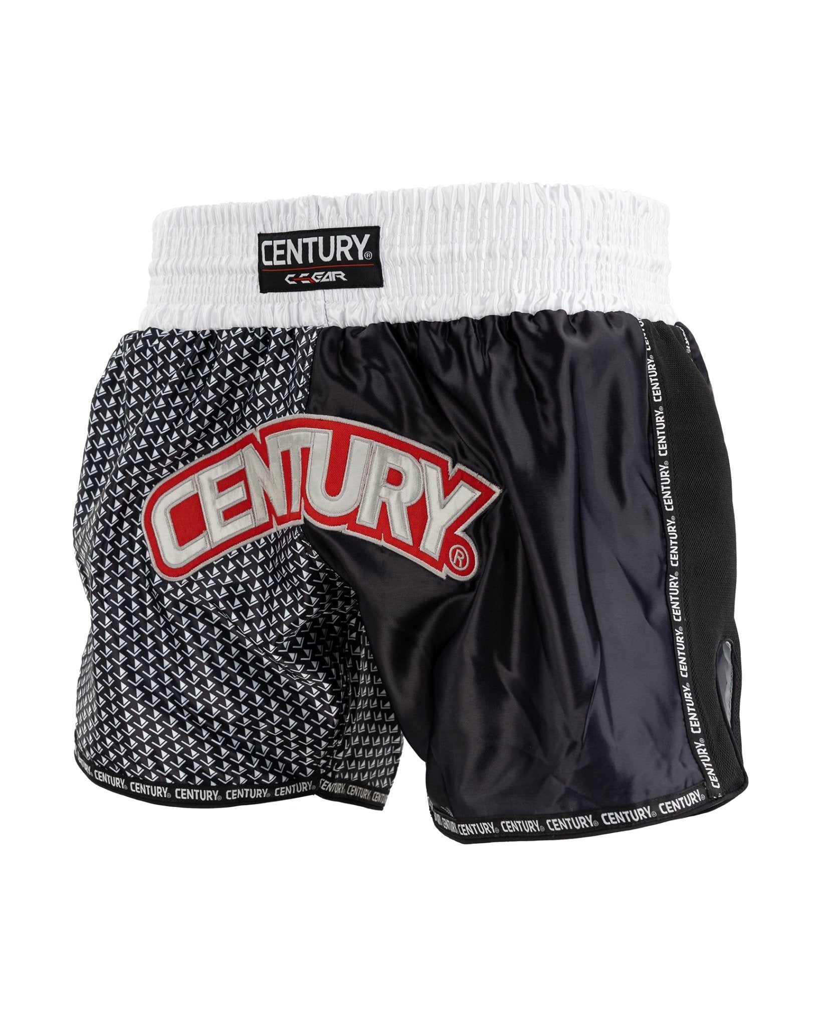 Kick boxing shorts with white waistband, black-and-white pattern, and CENTURY front logo