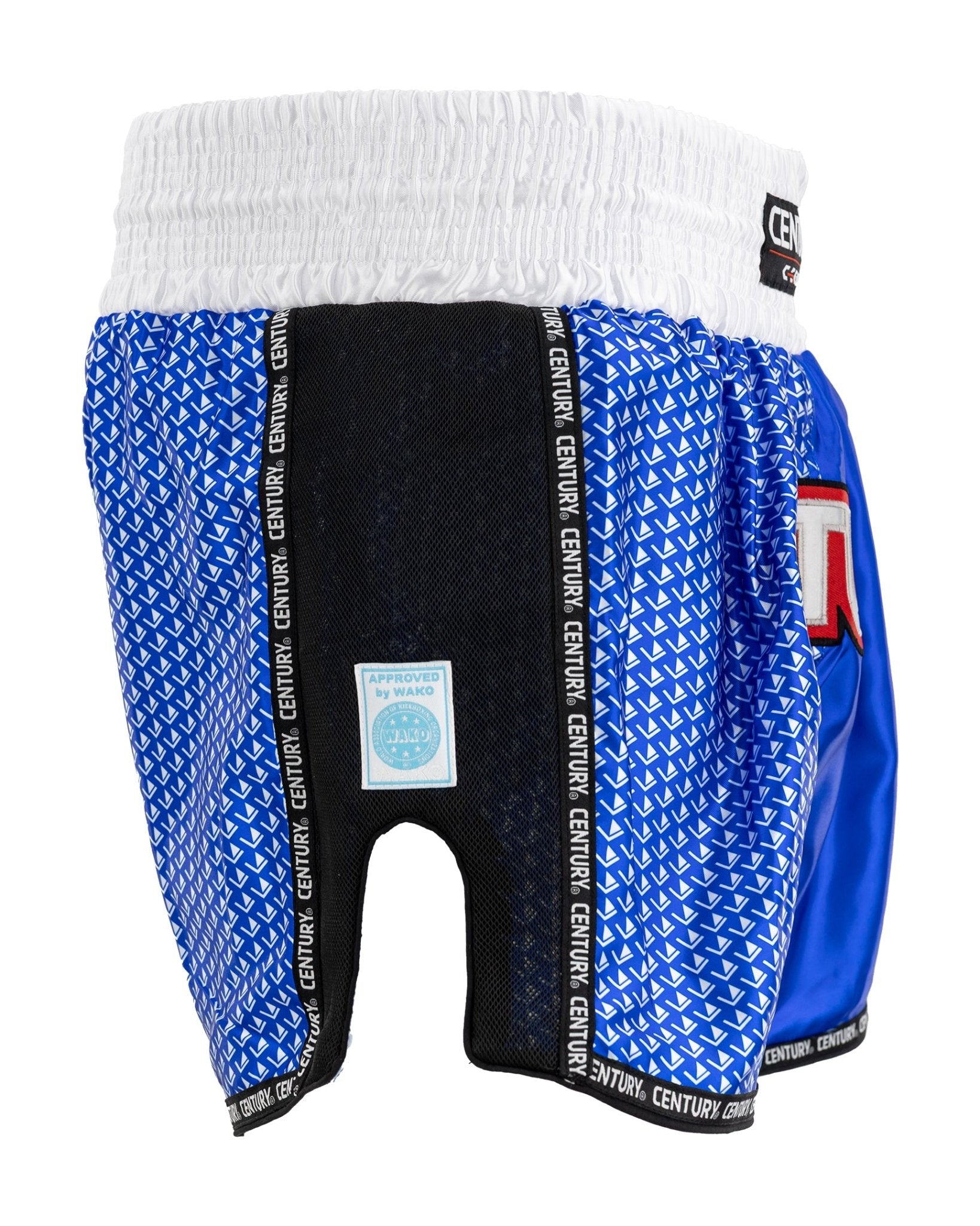 Blue kickboxing shorts with black center panel, elastic waistband, and side logo tab