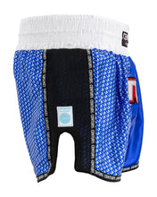 Blue kickboxing shorts with black center panel, elastic waistband, and side logo tab