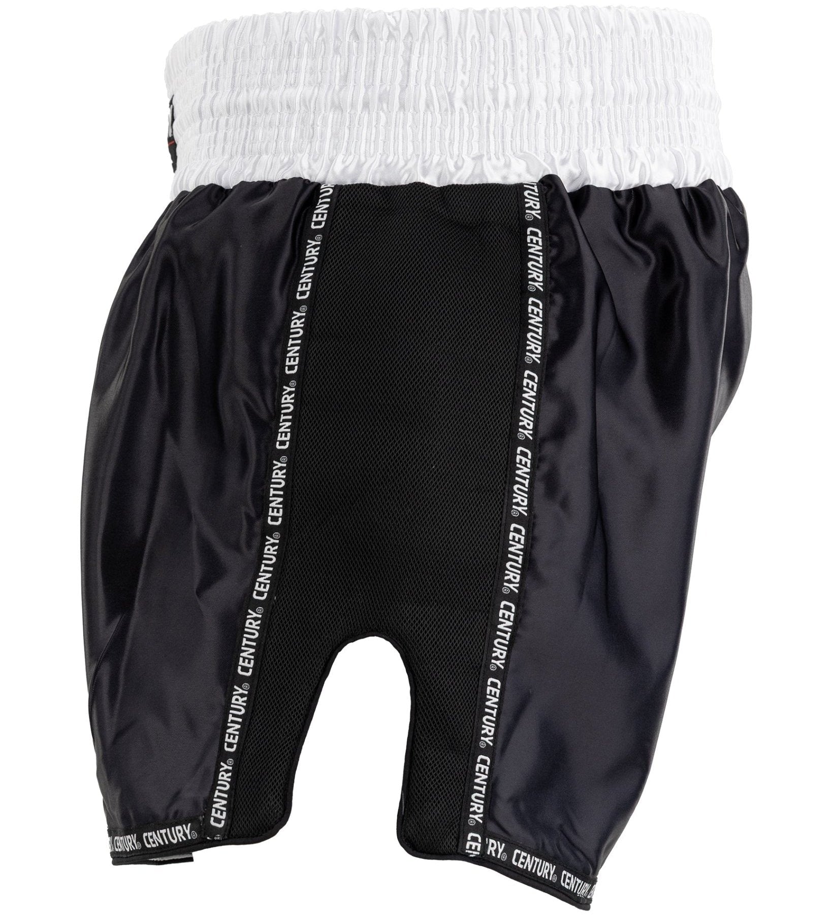 Kick boxing shorts in black with white waistband, stitched paneling, and CENTURY branding