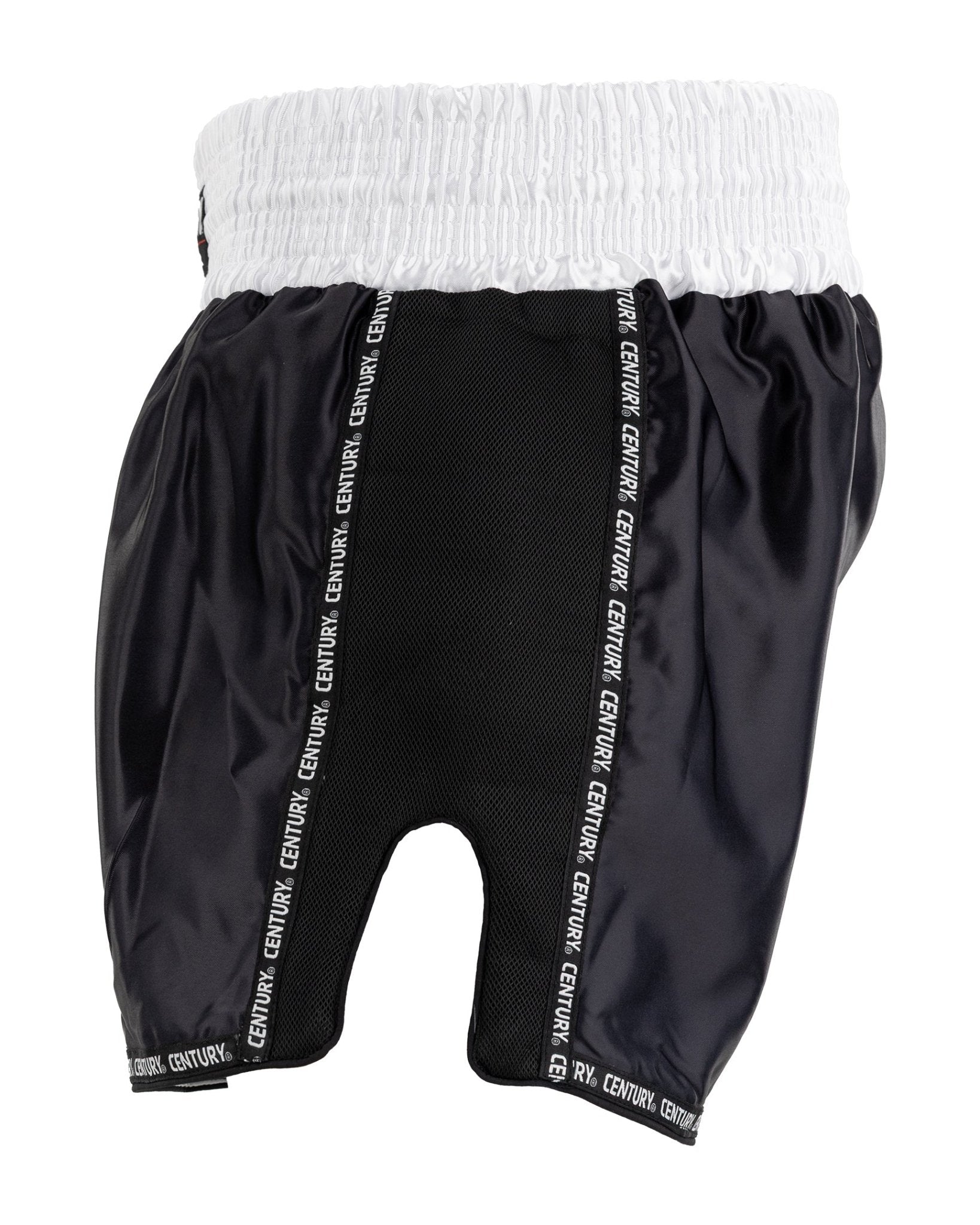 Kick boxing shorts in black with white waistband, stitched paneling, and CENTURY branding