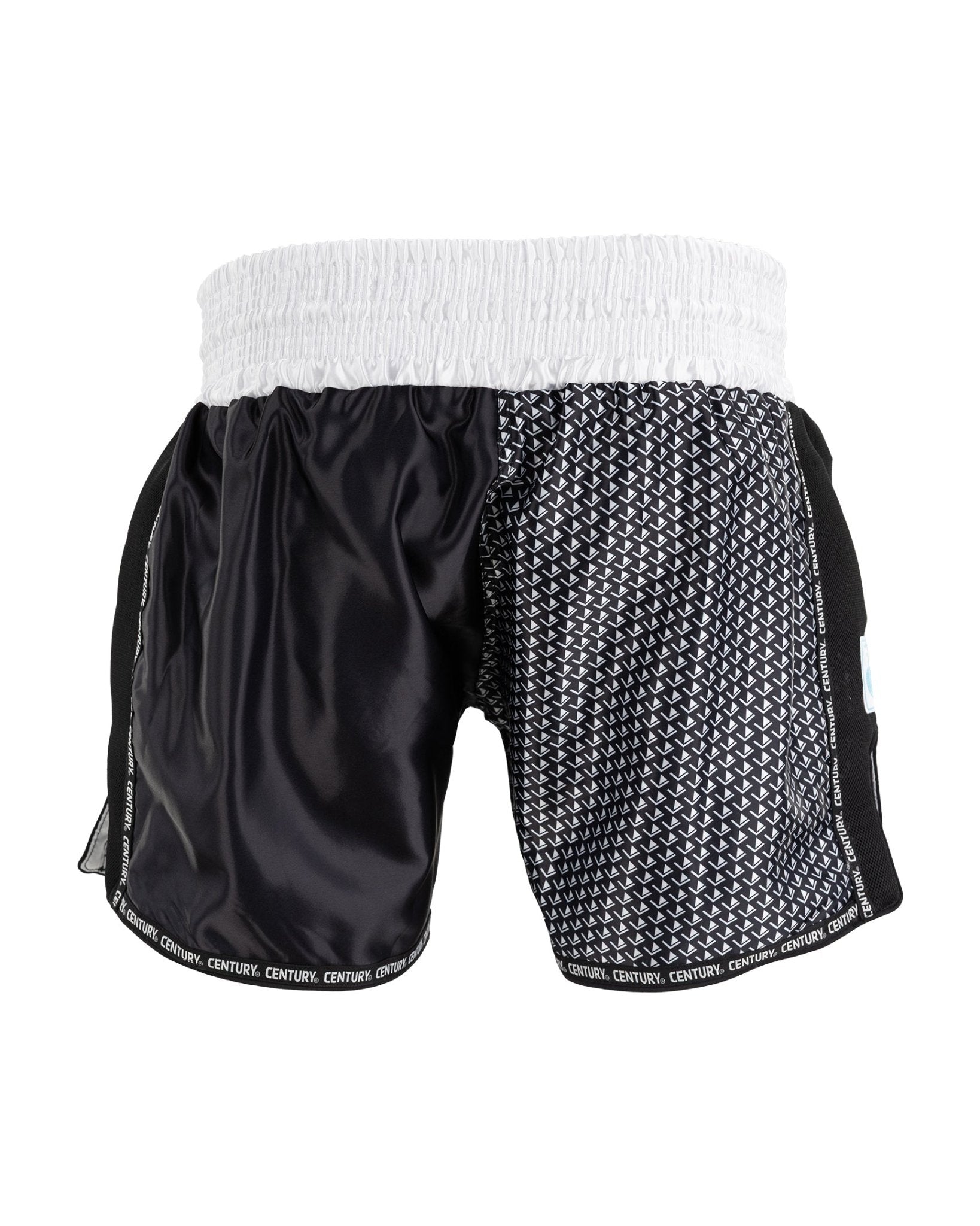 Black kickboxing shorts with white patterned side panel and elastic waistband