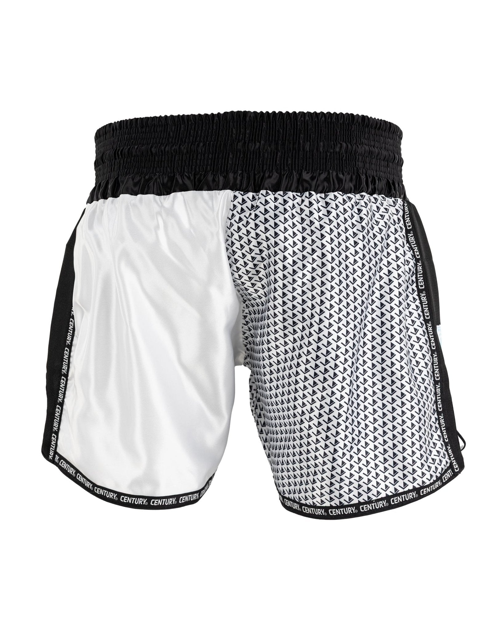 Kick boxing shorts with black waistband, white outer panels, and black micro-pattern