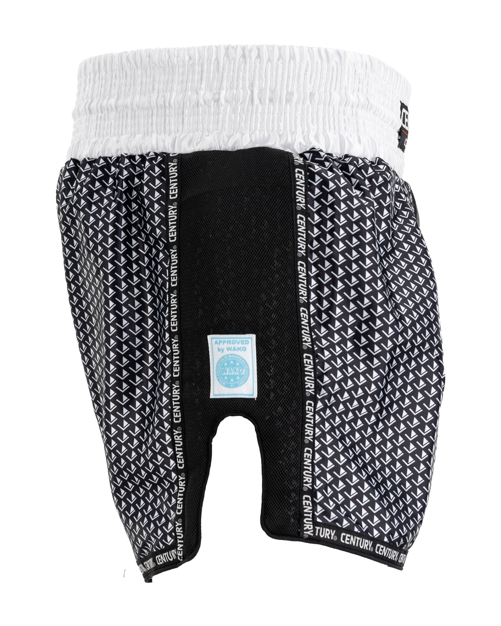 Kick boxing shorts in black with white waistband and micro-pattern, rear view