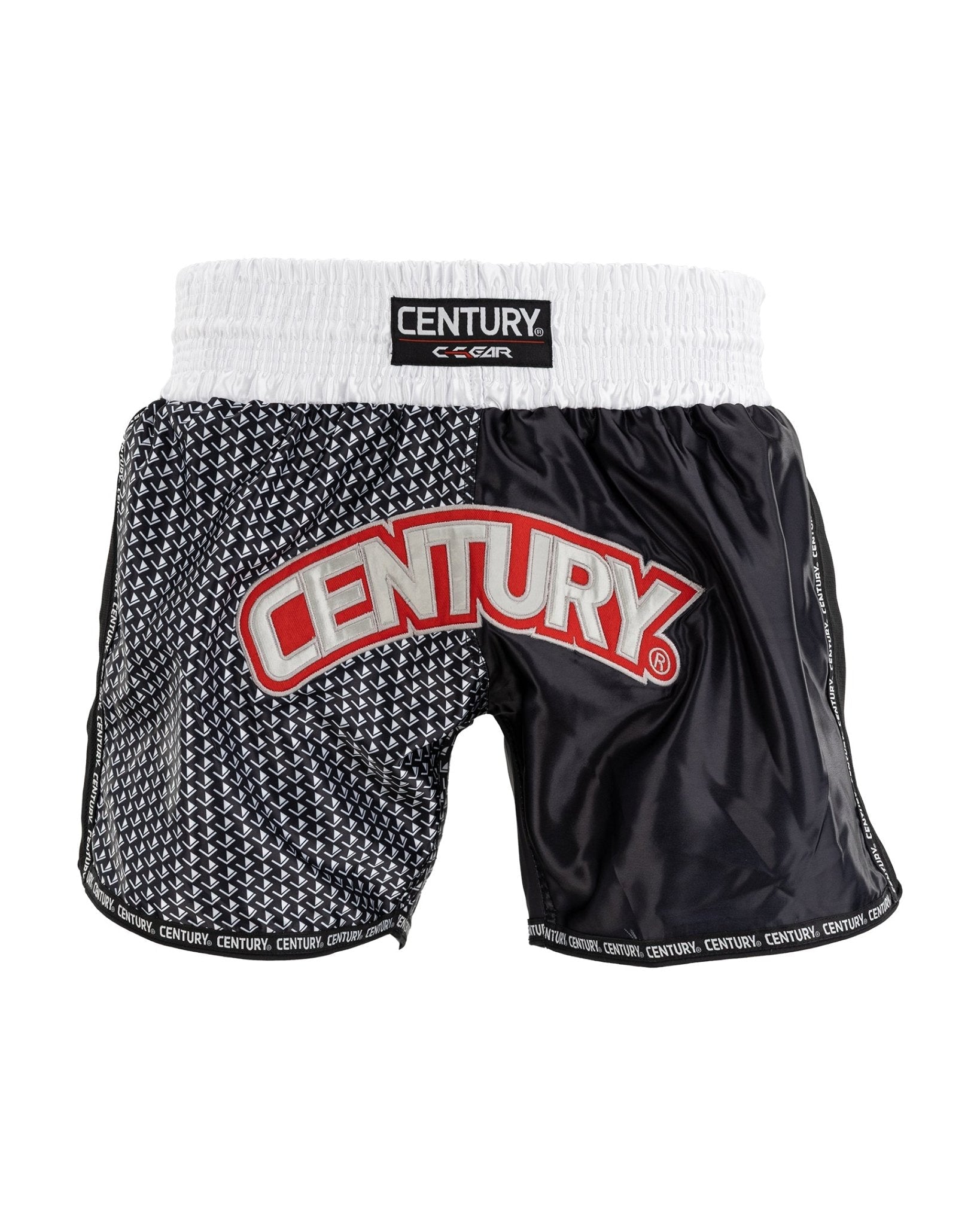 Kick boxing shorts with white waistband, black-and-white pattern, and CENTURY logo