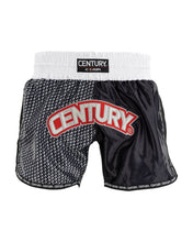Kick boxing shorts with white waistband, black-and-white pattern, and CENTURY logo