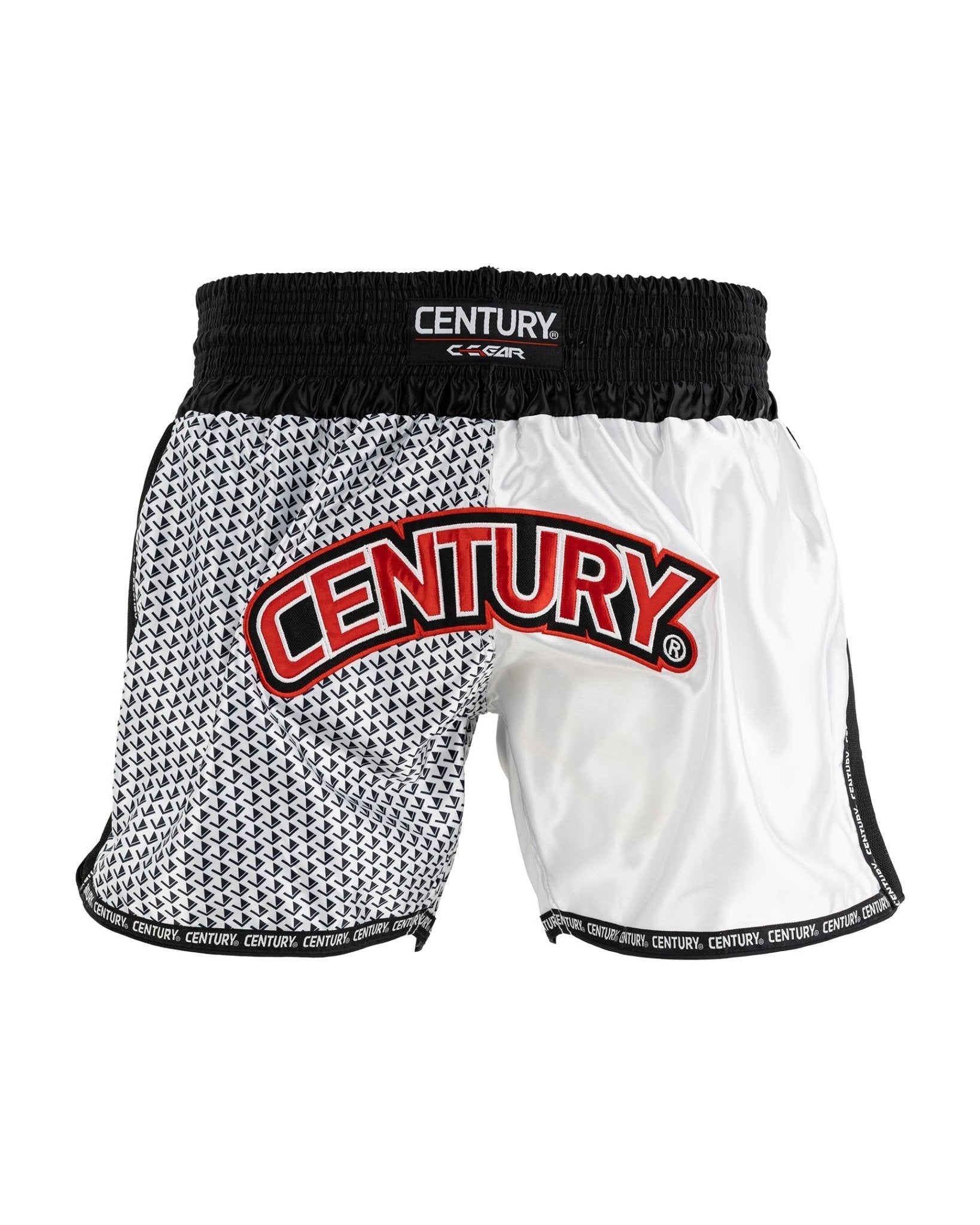 Kick boxing shorts with black waistband, white panels, black micro-pattern, CENTURY logo