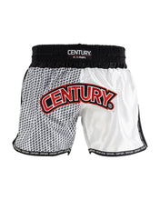 Kick boxing shorts with black waistband, white panels, black micro-pattern, CENTURY logo