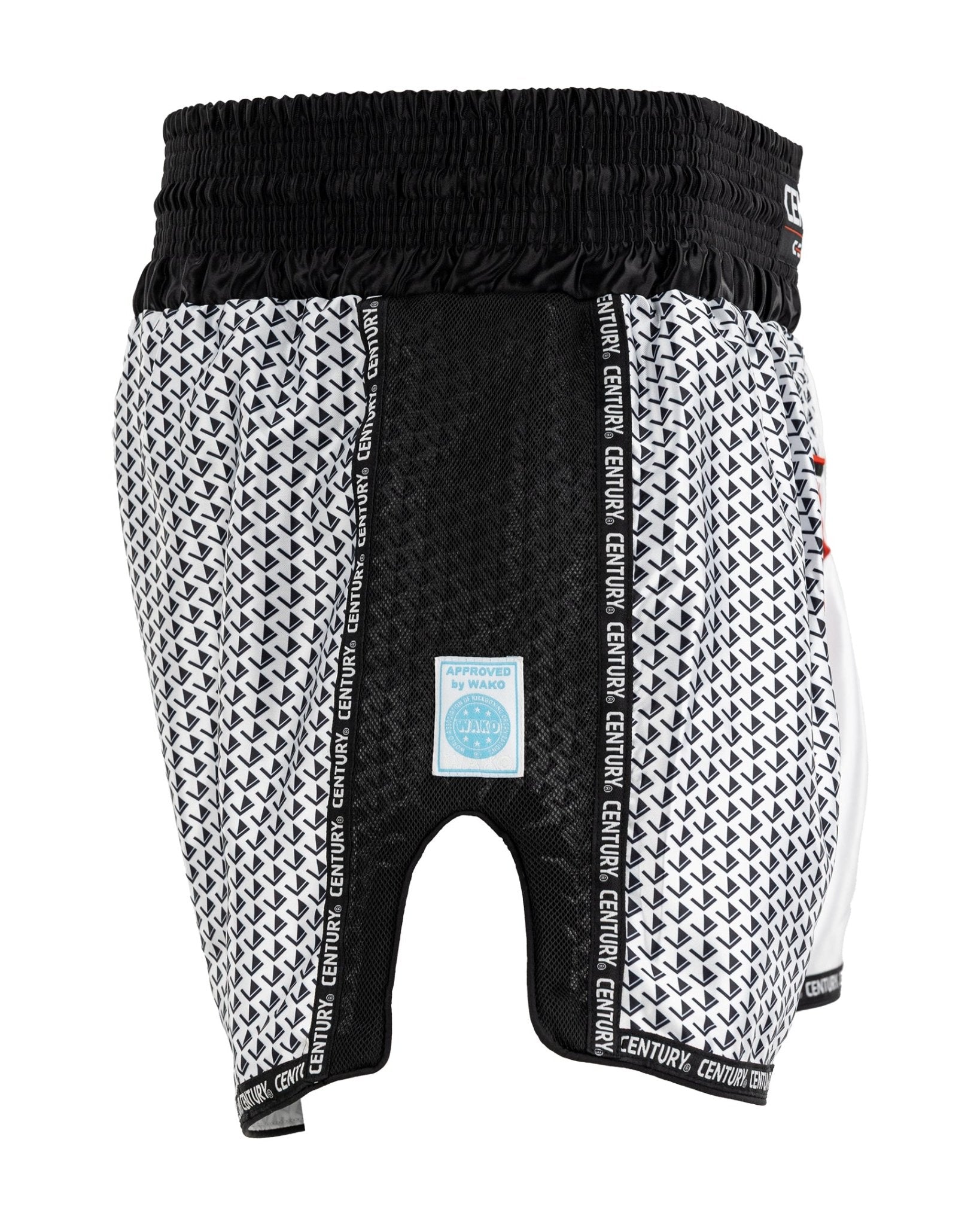 Kick boxing shorts in white-and-black micro-pattern with black waistband, rear view