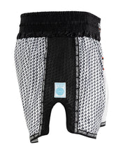 Kick boxing shorts in white-and-black micro-pattern with black waistband, rear view