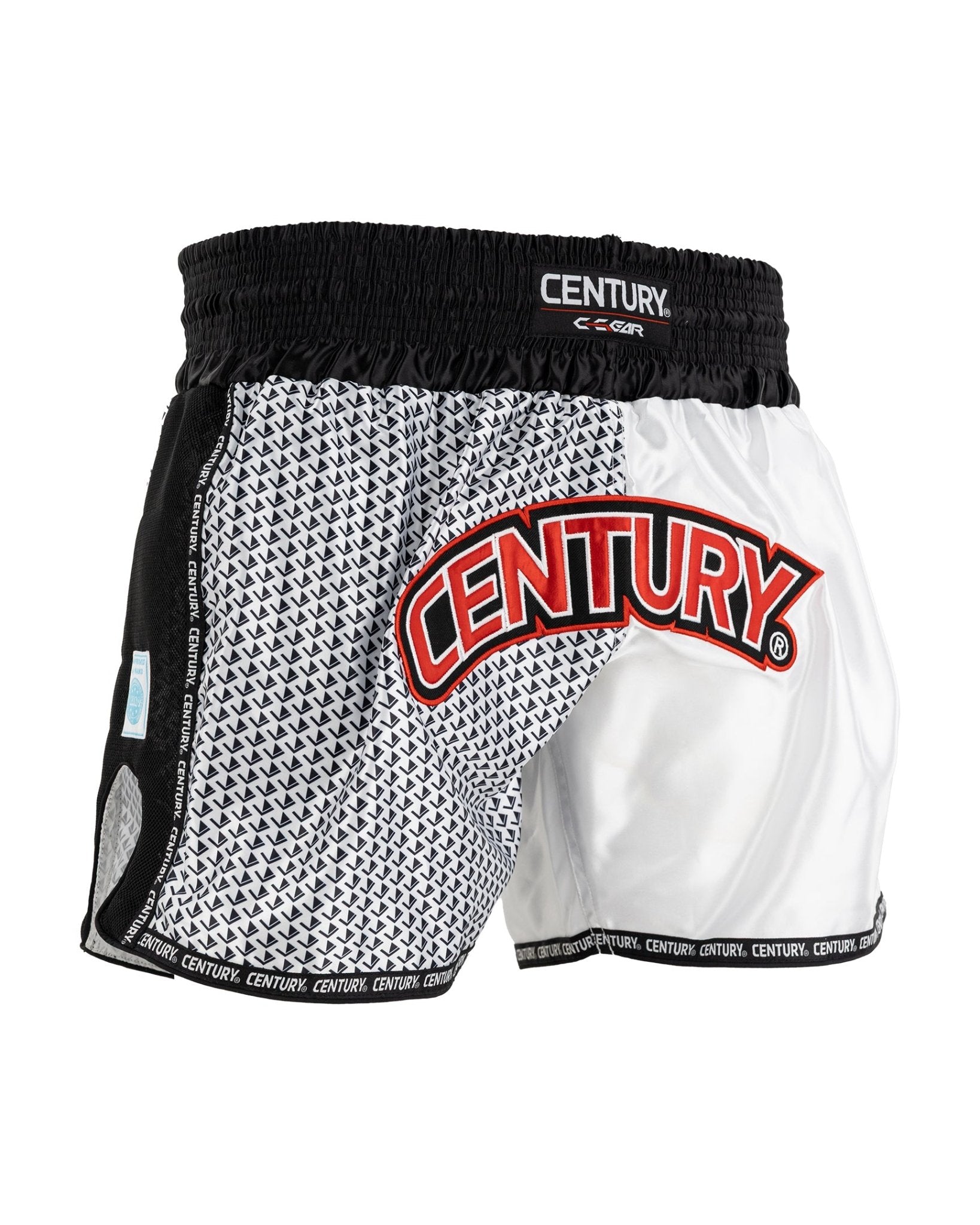 White and black kickboxing shorts with Century logo graphic and elastic waistband