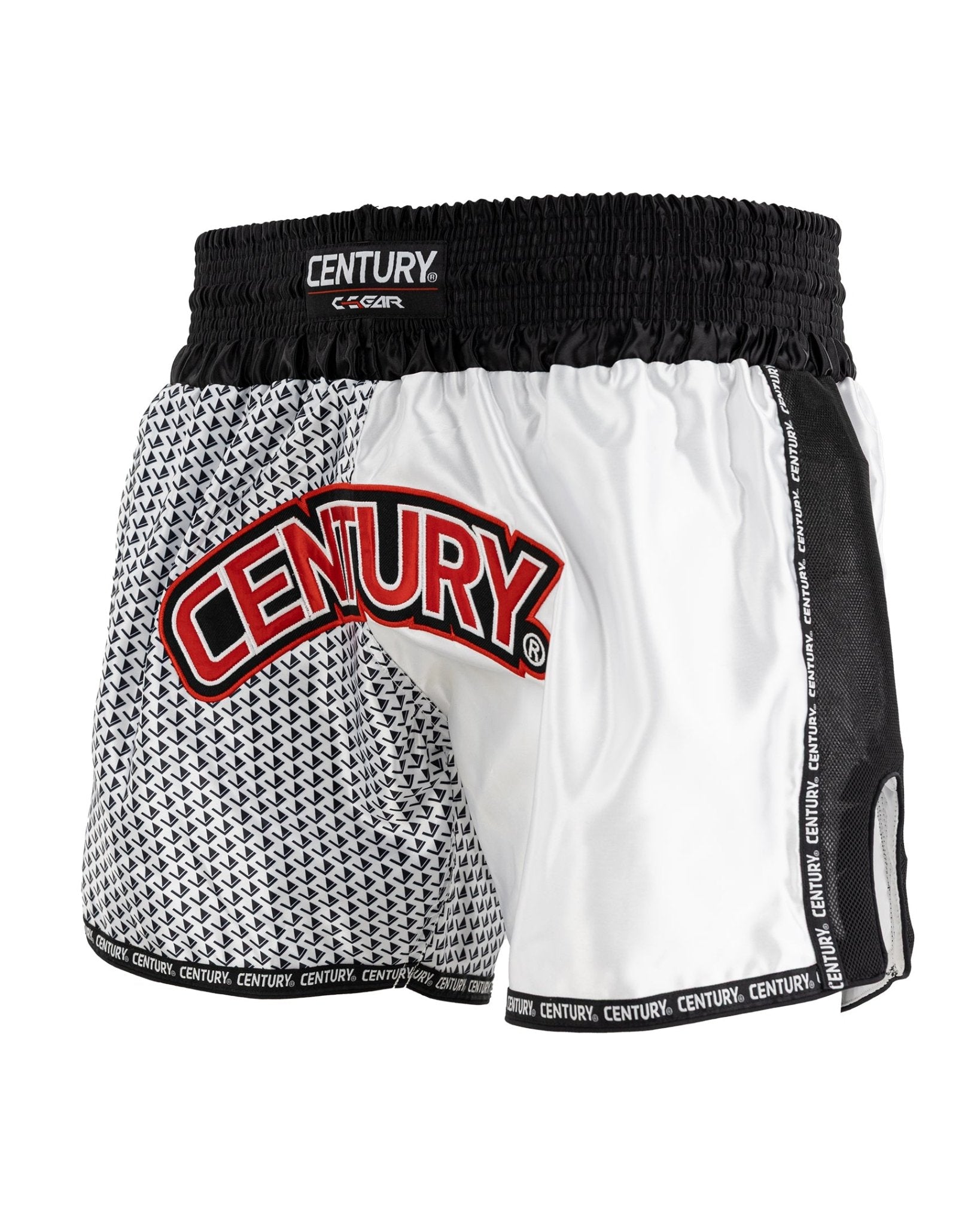 Kick boxing shorts with black waistband, white-and-black panels, and large CENTURY logo