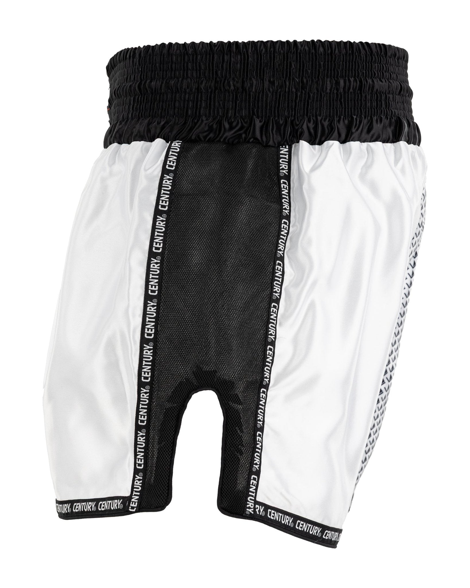 White kickboxing shorts with black side panels, elastic waistband, and leg opening cutouts
