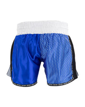 Blue kickboxing shorts with black side paneling and elastic waistband