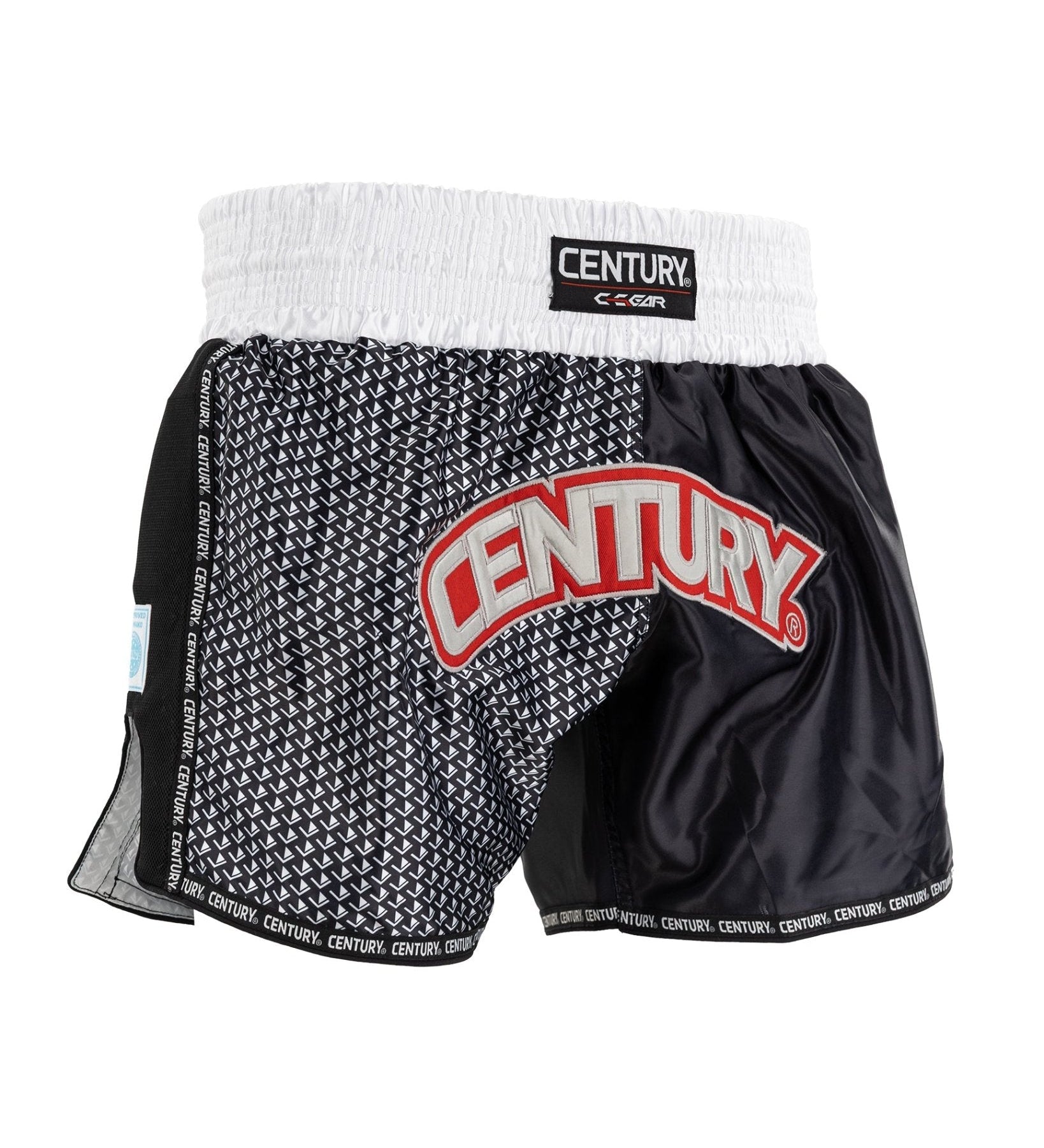 Kick boxing shorts with white waistband, black-and-white pattern, and CENTURY logo