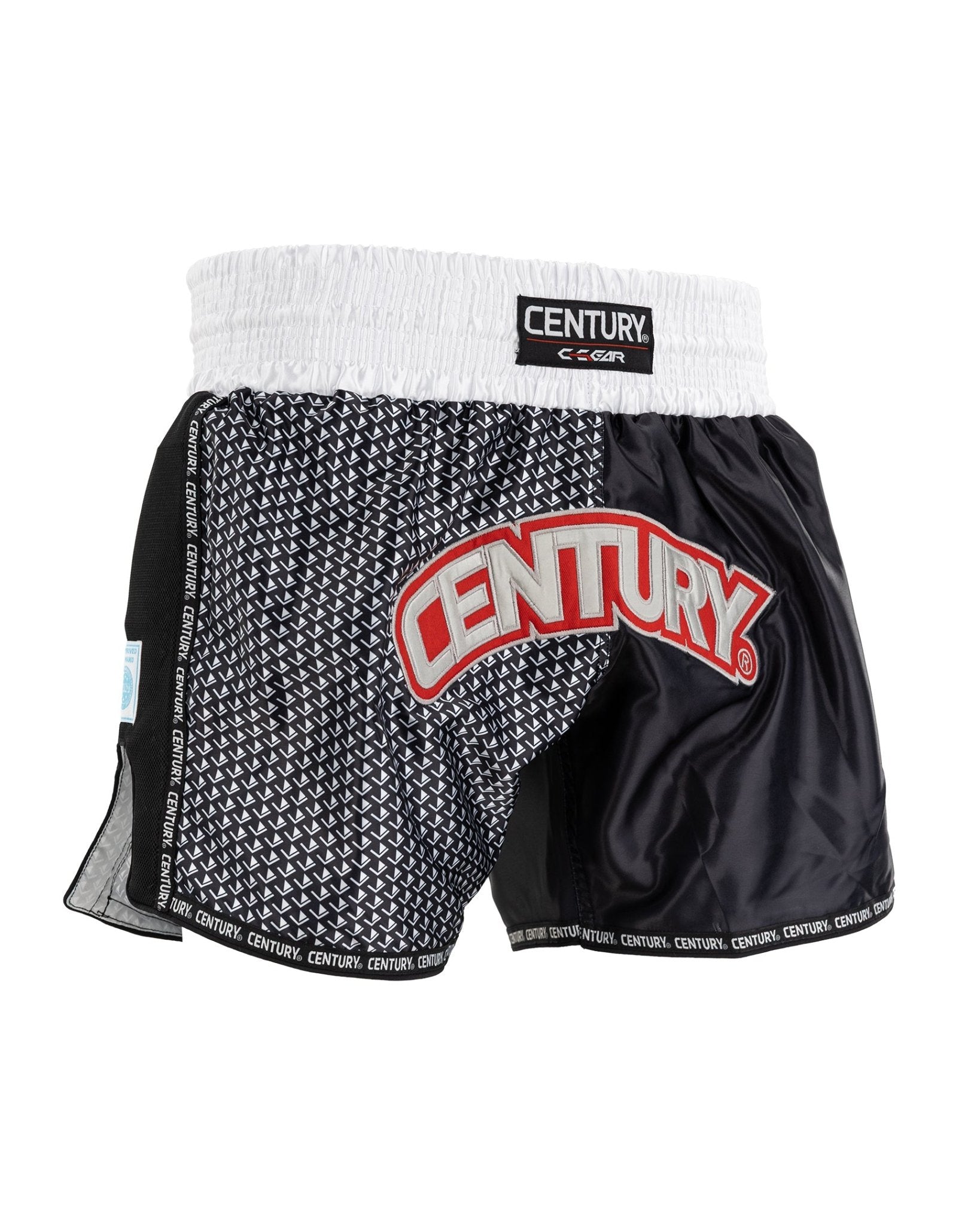Kick boxing shorts with white waistband, black-and-white pattern, and CENTURY logo