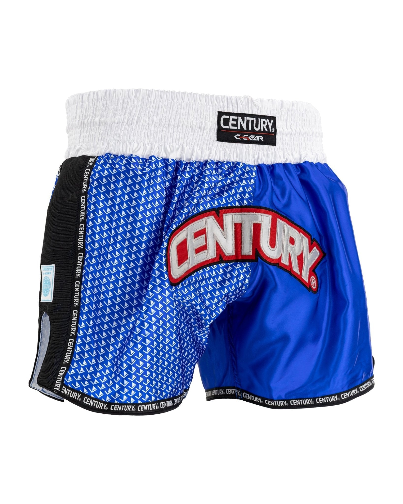 Kick boxing shorts with white waistband, blue pattern, and CENTURY logo on front