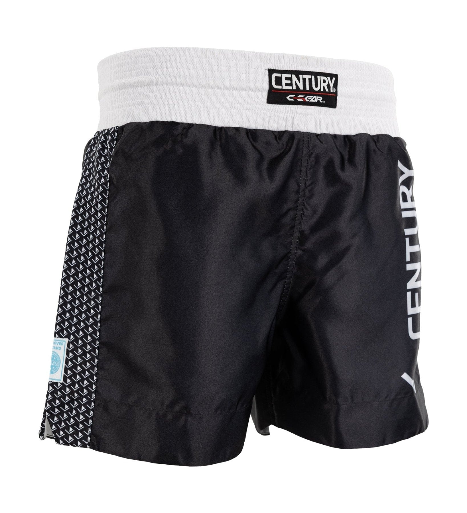 Black kickboxing shorts with white waistband; Century logo patch and side “CENTURY” lettering.