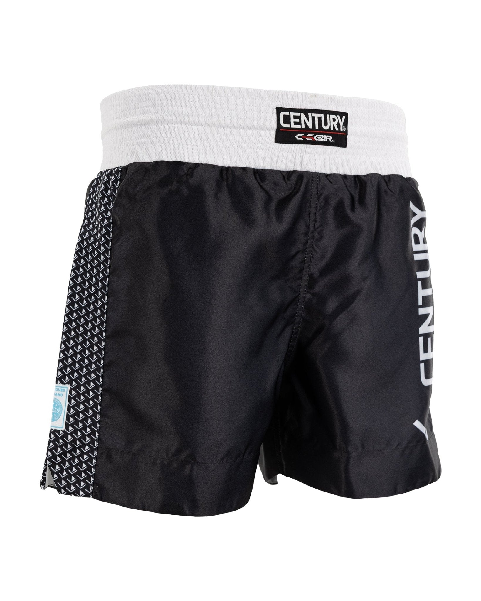 Black kickboxing shorts with white waistband; Century logo patch and side “CENTURY” lettering.