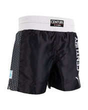 Black kickboxing shorts with white waistband; Century logo patch and side “CENTURY” lettering.