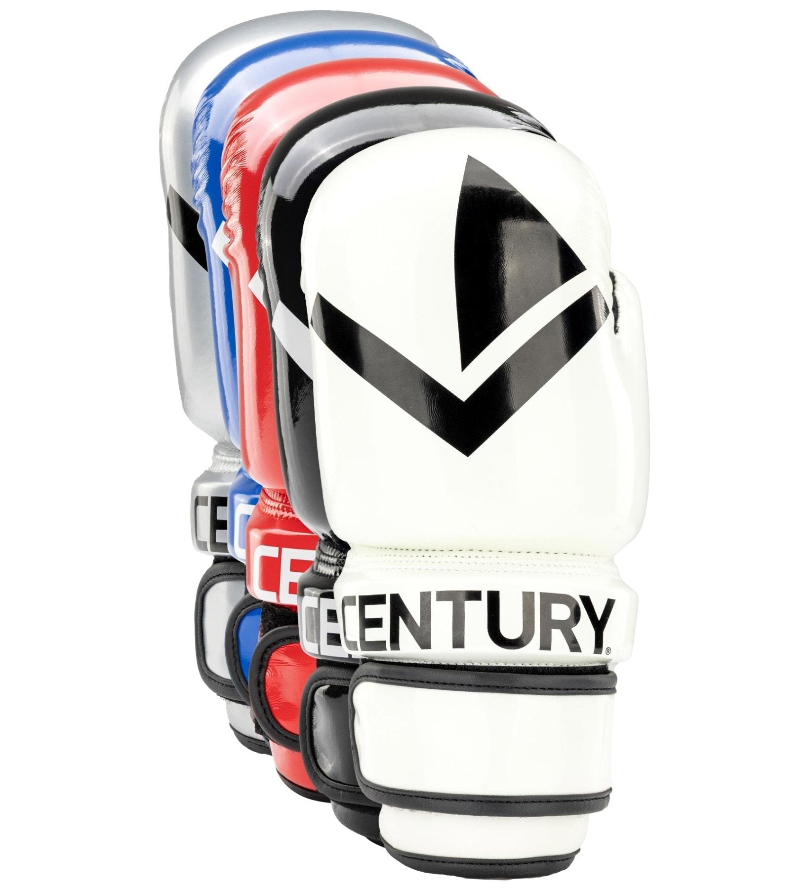 Boxing gloves with white outer pads and black V logo, blue and red trim, wrist strap