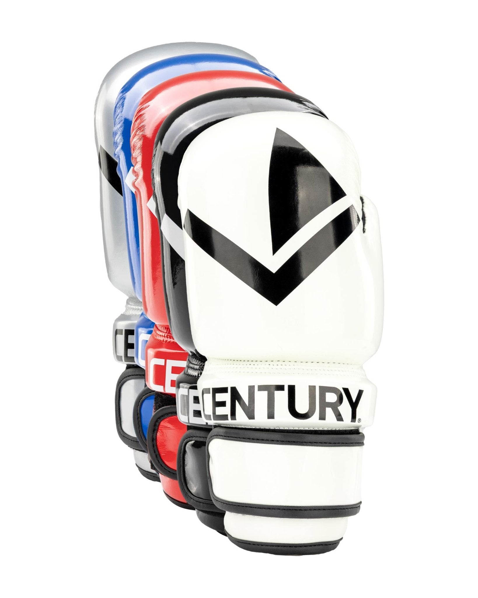 Boxing gloves with white outer pads and black V logo, blue and red trim, wrist strap