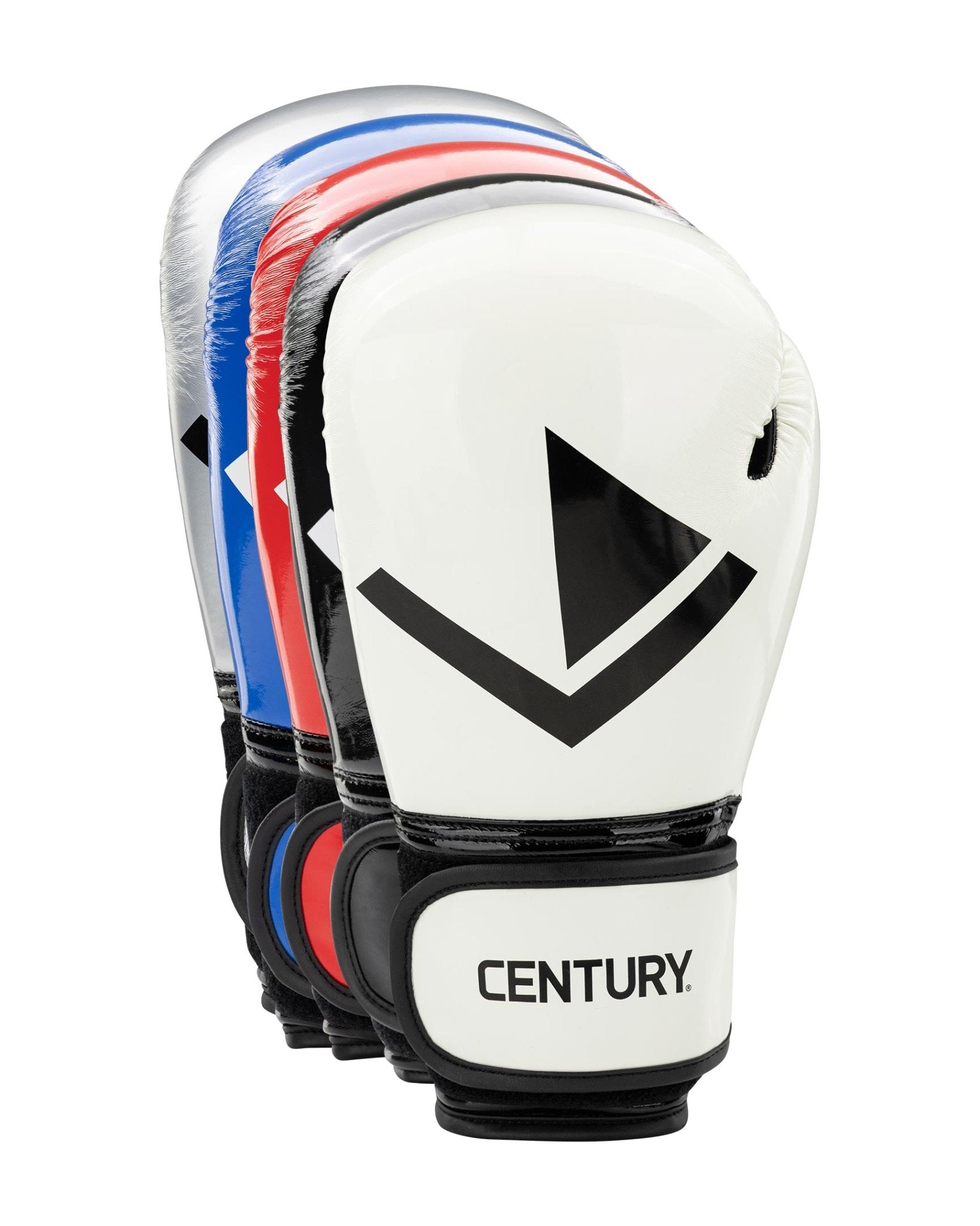 White kickboxing gloves with black wrist strap, blue/red paneling, Century logo