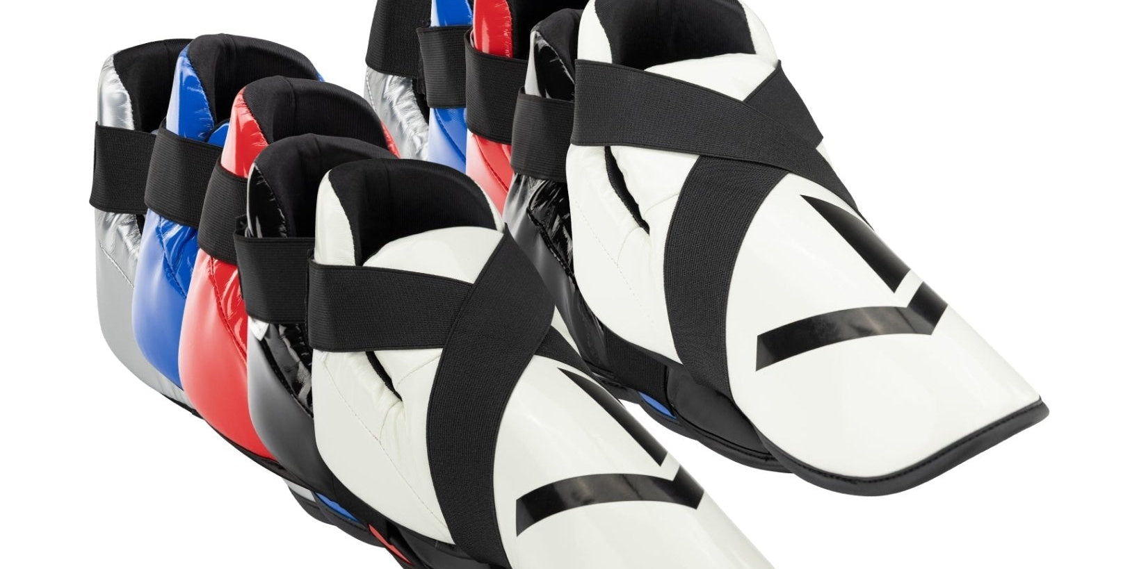 Assorted ankle boxing shoes set with white, blue, red, and silver colorways